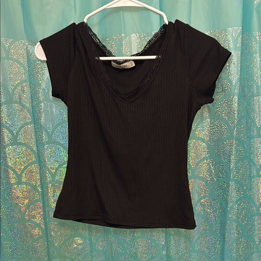 Black Lace Trim Ribbed Top